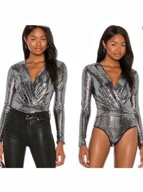 ASTR the label Sequin Bodysuit in Black & Silver